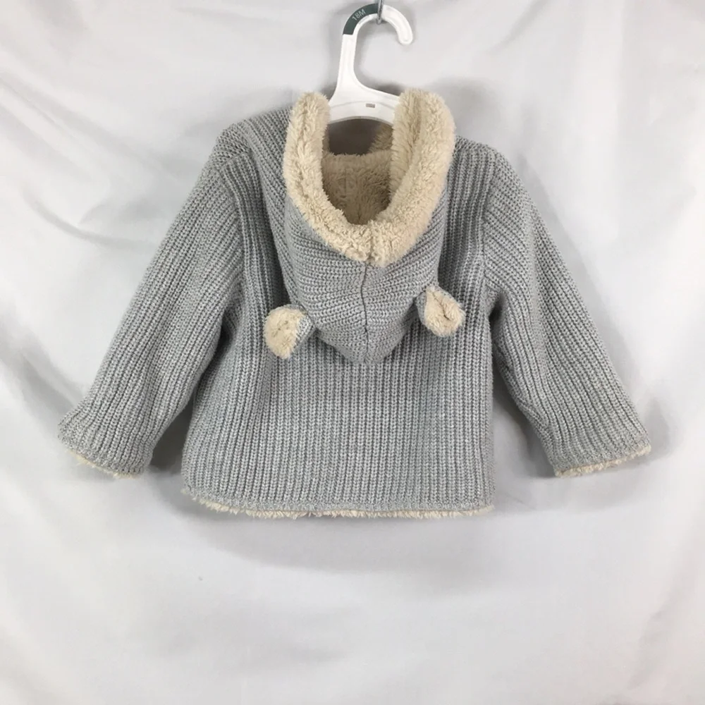 GAP Sherpa Gray Knit Sweater Animal Ears Hoodie Size 12-18M Great Condition